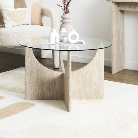 Table basse Ø70cm plateau verre et piétement MDF aspect travertin - TRIVAN