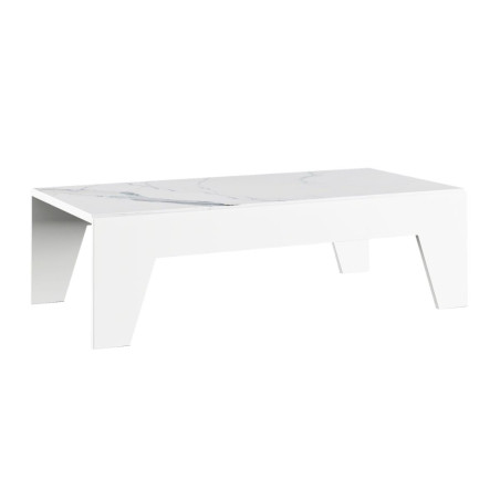 Table basse laqué blanche plateau marbré pieds biseautés design - TARAC