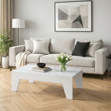 Table basse laqué blanche plateau marbré pieds biseautés design - TARAC