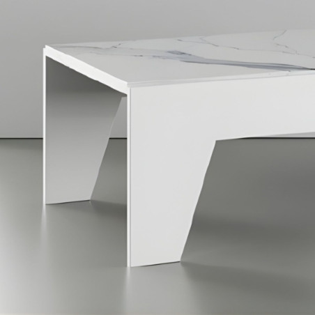 Table basse laqué blanche plateau marbré pieds biseautés design - TARAC