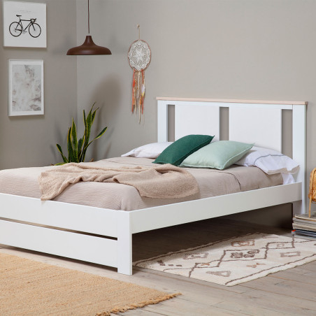 Lit 140x190cm ajouré MDF et pin blanc effet chêne - EMEREN
