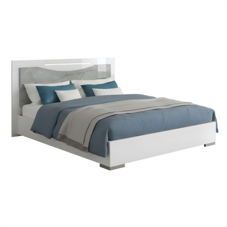 Lit 140x190 cm avec ruban LED, tête de lit laquée blanc et marbre - GENESISOR