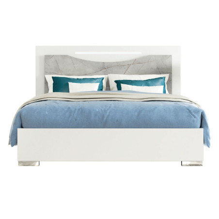 Lit 140x190 cm avec ruban LED, tête de lit laquée blanc et marbre - GENESISOR