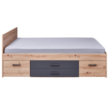 Lit 140x200cm Multi-rangements Effet Chêne et Anthracite - FIDEN