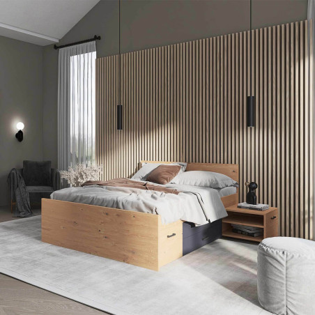 Lit 140x200cm Multi-rangements Effet Chêne et Anthracite - FIDEN