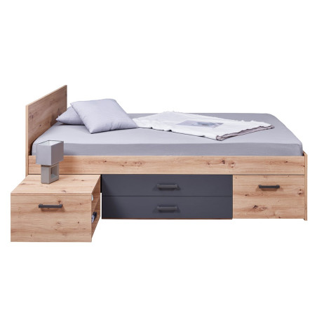 Lit 140x200cm Multi-rangements Effet Chêne et Anthracite - FIDEN