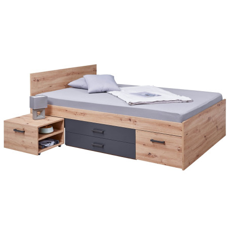 Lit 140x200cm Multi-rangements Effet Chêne et Anthracite - FIDEN
