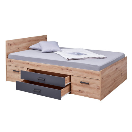 Lit 140x200cm Multi-rangements Effet Chêne et Anthracite - FIDEN