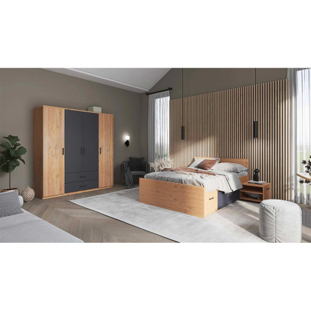 Lit 140x200cm Multi-rangements Effet Chêne et Anthracite - FIDEN