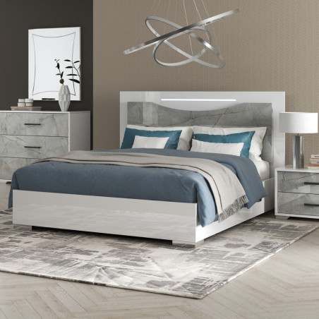 Lit 160x200 cm avec ruban LED, tête de lit laquée blanc et imitation marbre - GENESISOR