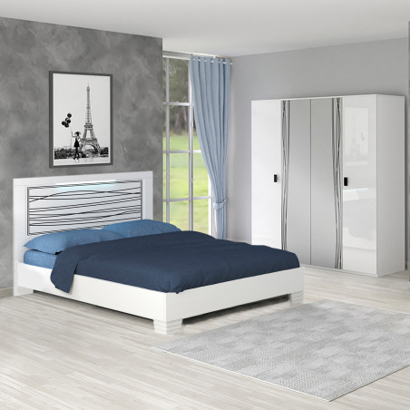 Lit 140x190 cm blanc, sérigraphies noires et leds - CADEN