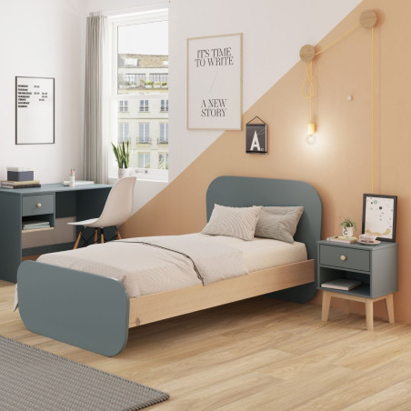 Lit 90x190 tête et pied arrondis pin massif naturel et MDF laqué vert kaki - KAINEN