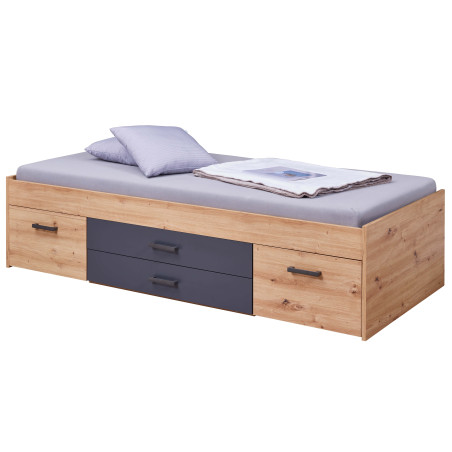 Lit 90x200cm Multi-Rangements Chêne et Anthracite - FIDEN