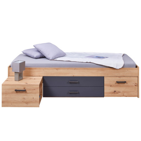Lit 90x200cm Multi-Rangements Chêne et Anthracite - FIDEN