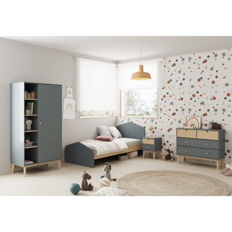 Lit 90x190 cm MDF et pin gris vert et naturel - KAINEN