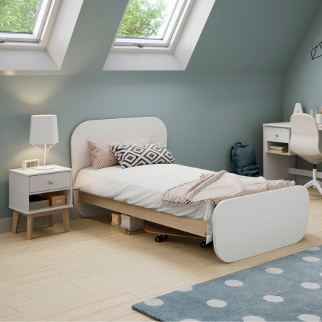 Lit 90x190 tête et pied arrondis pin massif naturel et MDF laqué blanc - KAINEN