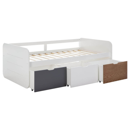 Lit 90x190cm avec 3 tiroirs blanc, gris et effet bois - ZELIO