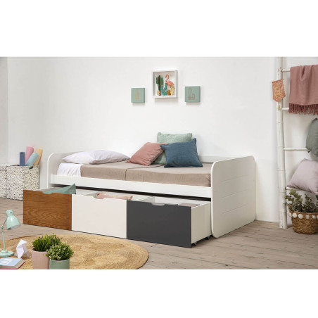 Lit 90x190cm avec 3 tiroirs blanc, gris et effet bois - ZELIO