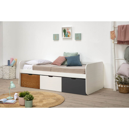 Lit 90x190cm avec 3 tiroirs blanc, gris et effet bois - ZELIO