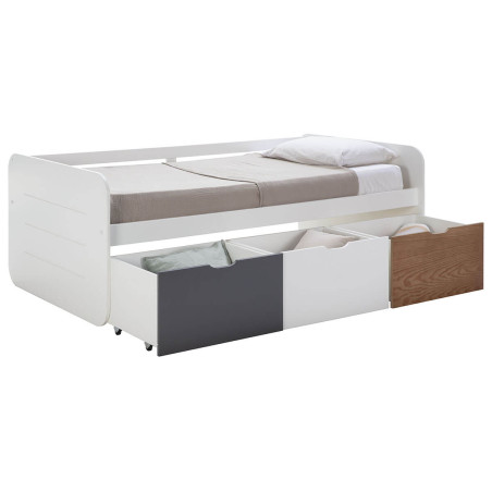 Lit 90x190cm avec 3 tiroirs blanc, gris et effet bois - ZELIO