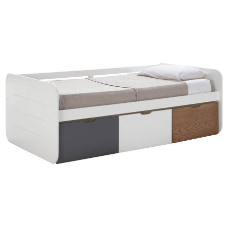 Lit 90x190cm avec 3 tiroirs blanc, gris et effet bois - ZELIO