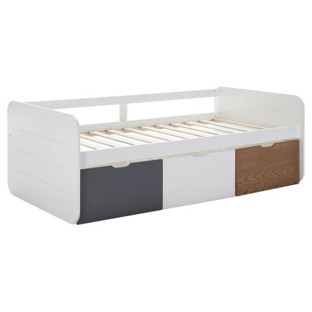 Lit 90x190cm avec 3 tiroirs blanc, gris et effet bois - ZELIO