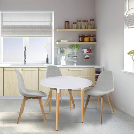 Table ronde blanche avec pieds effet bois - ZAVEN