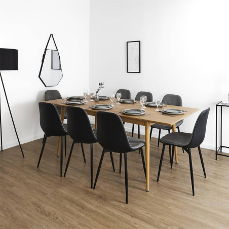Table repas extensible en MDF aspect chêne clair pieds métal - HELINA