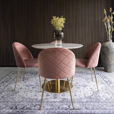 Table repas Ø90 cm plateau MDF aspect marbré et pied métal doré - TYRIO