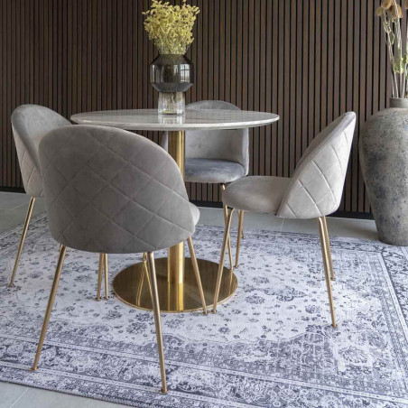 Table repas Ø90 cm plateau MDF aspect marbré et pied métal doré - TYRIO