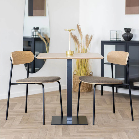 Table carrée plateau mélaminé effet bois pied central métal noir - BISTRA