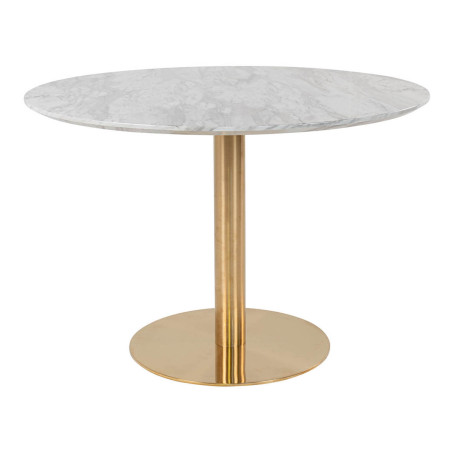 Table repas Ø110 cm plateau MDF aspect marbré et pied métal doré - TYRIO