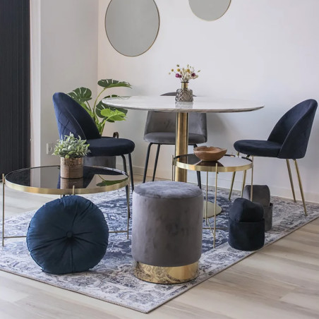 Table repas Ø110 cm plateau MDF aspect marbré et pied métal doré - TYRIO