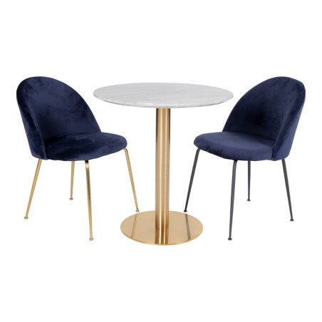 Table repas Ø110 cm plateau MDF aspect marbré et pied métal doré - TYRIO