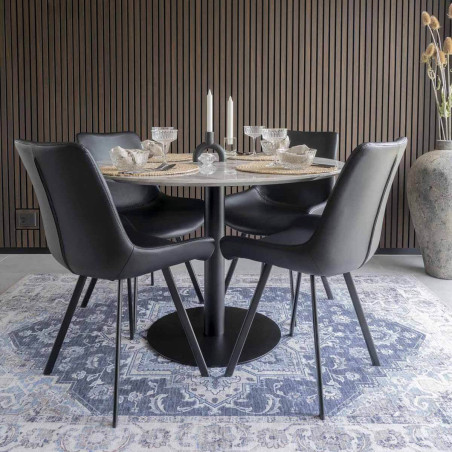 Table repas Ø110 cm plateau MDF aspect marbré et pied métal noir - TYRIO