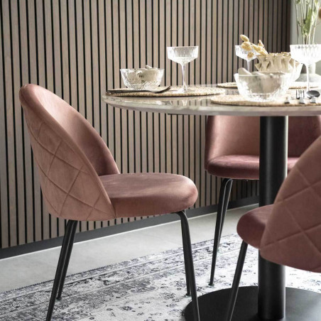 Table repas Ø110 cm plateau MDF aspect marbré et pied métal noir - TYRIO