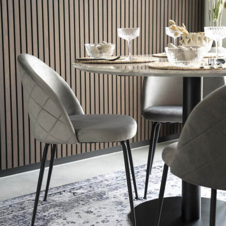 Table repas Ø110 cm plateau MDF aspect marbré et pied métal noir - TYRIO