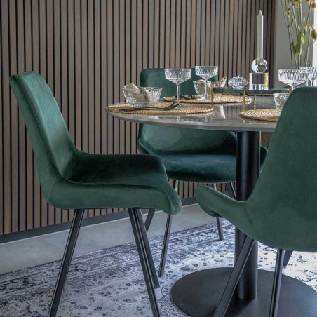 Table repas Ø110 cm plateau MDF aspect marbré et pied métal noir - TYRIO