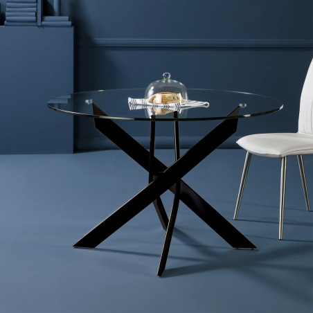 Table ronde Ø120 cm plateau verre piétement croisé métal noir - DESEN