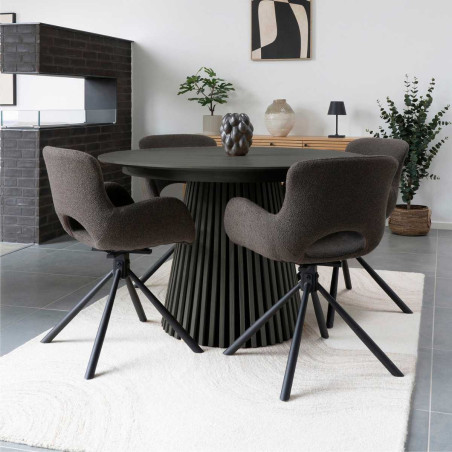 Table repas ronde Ø140 cm pied central relief, MDF placage chêne noir - DUBLIA