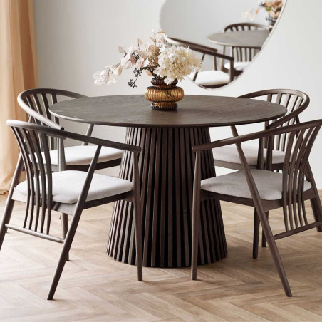 Table repas ronde Ø120cm pied central relief MDF placage chêne fumé - DUBLIA