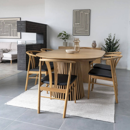 Table extensible ronde pied central, relief MDF placage chêne clair - DUBLIA