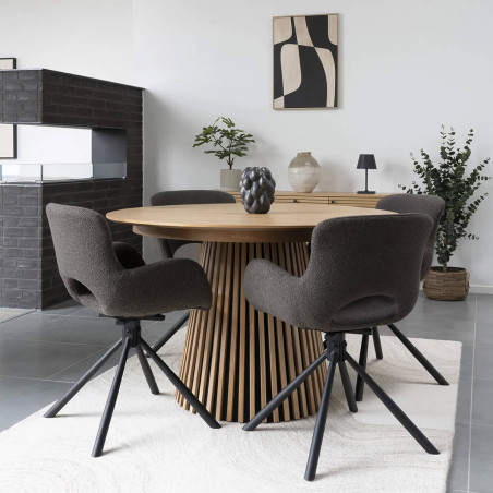 Table extensible ronde pied central, relief MDF placage chêne clair - DUBLIA