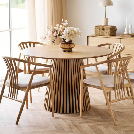 Table repas ronde Ø120 cm pied central relief placage chêne clair - DUBLIA