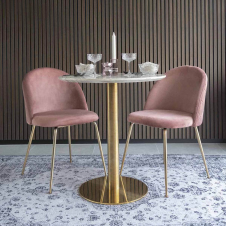 Table repas Ø70 cm, plateau MDF aspect marbré et pied métal doré - TYRIO