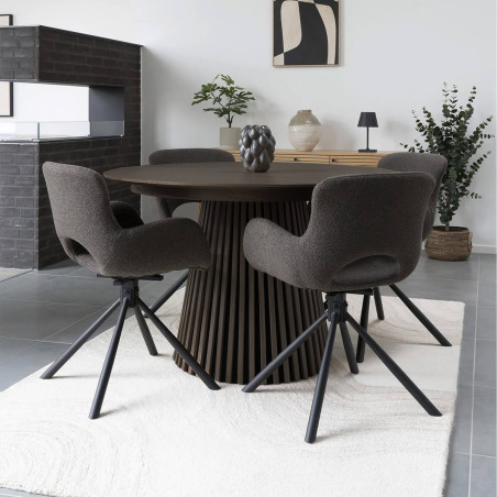 Table extensible ronde pied central relief MDF placage chêne fumé - DUBLIA