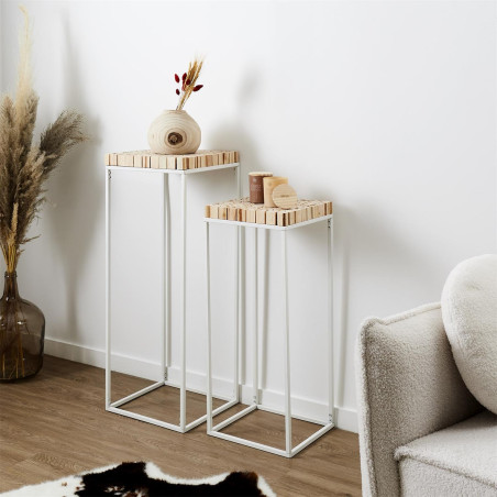 Duo de sellettes gigognes rondins de bois et métal blanc - FREIN