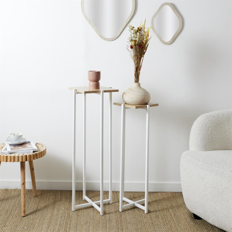 Duo de sellettes gigognes industrielles aspect bois et métal blanc - MOXEN