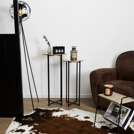 Duo de sellettes gigognes industrielles aspect bois et métal noir - MOXEN