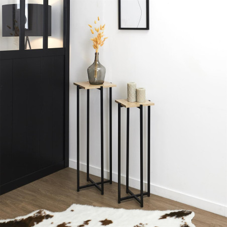 Duo de sellettes gigognes industrielles aspect bois et métal noir - MOXEN